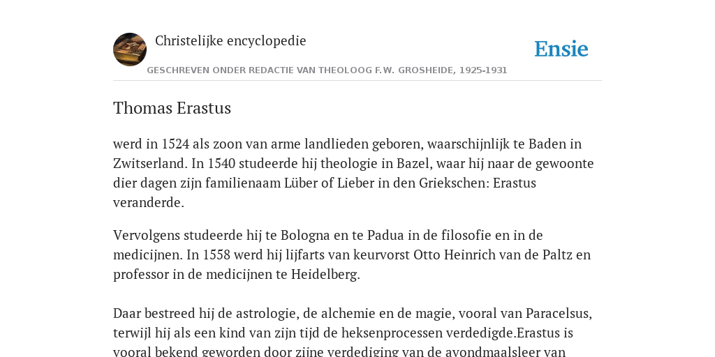 Thomas Erastus de betekenis volgens Christelijke encyclopedie