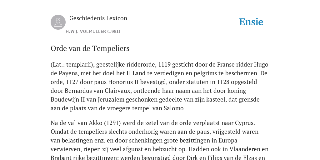 Orde van de Tempeliers de betekenis volgens Geschiedenis Lexicon