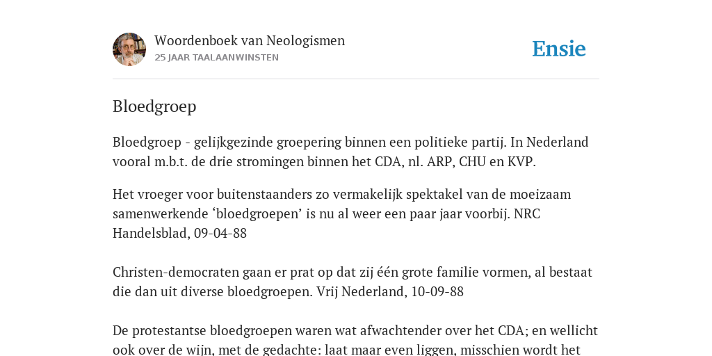 Bloedgroep de betekenis volgens Woordenboek van Neologismen