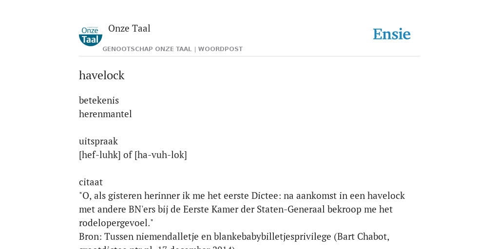 havelock de betekenis volgens Onze Taal Woordpost